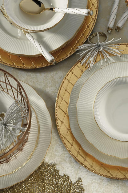Elegante 26-delige dinerset, 100% porselein, wit en goud, inclusief serviesborden, diepe borden, kommen en borden, vaatwasser- en magnetronbestendig