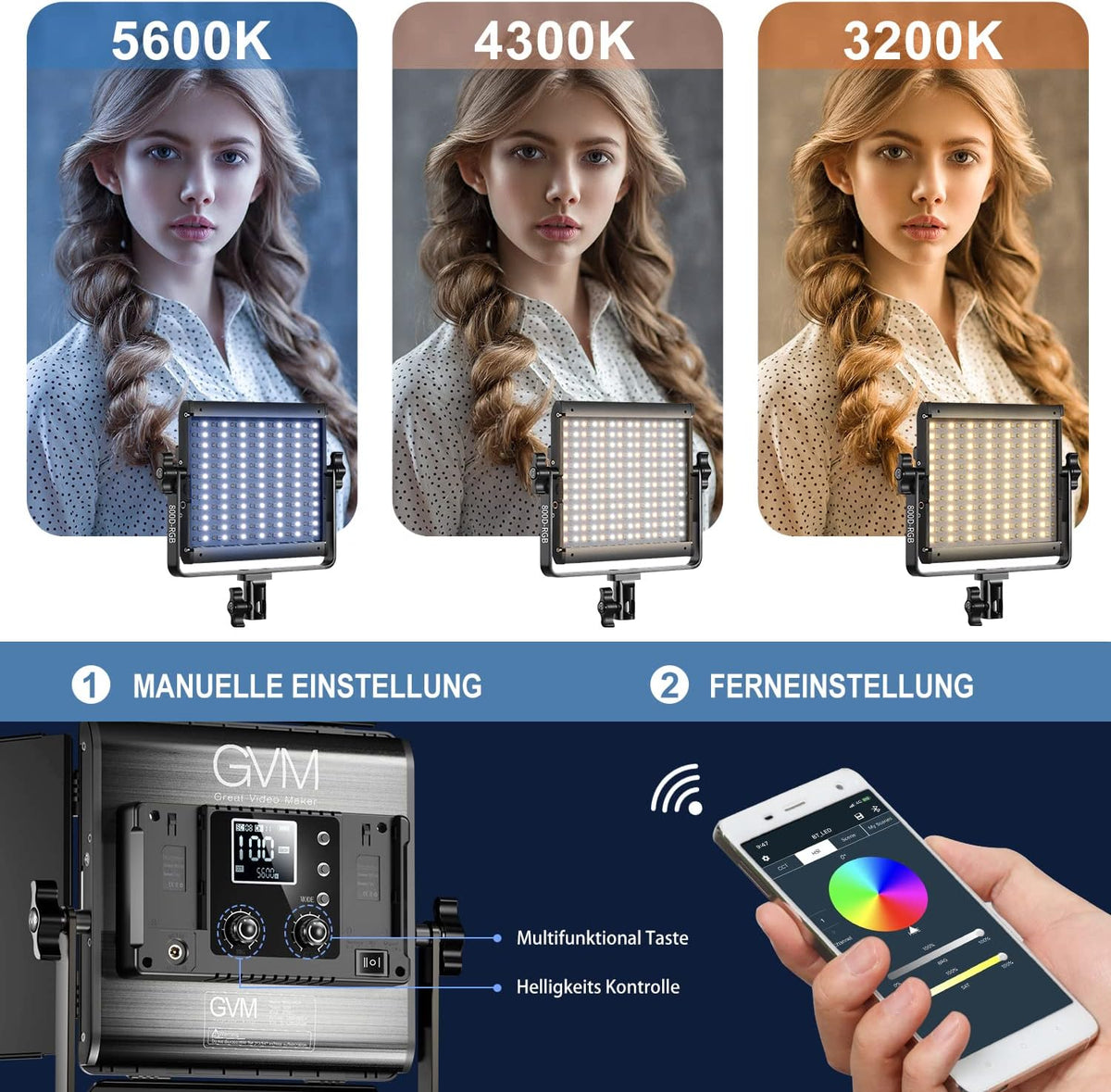 GVM RGB videolamp met statief, 800D led-fotografielamp, studiolicht, 3200 K – 5600 K, continu licht voor video, YouTube, conferentielicht, streaming, fotolicht, 18 lichteffecten, CRI97+ app-besturing