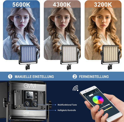 GVM RGB videolamp met statief, 800D led-fotografielamp, studiolicht, 3200 K – 5600 K, continu licht voor video, YouTube, conferentielicht, streaming, fotolicht, 18 lichteffecten, CRI97+ app-besturing