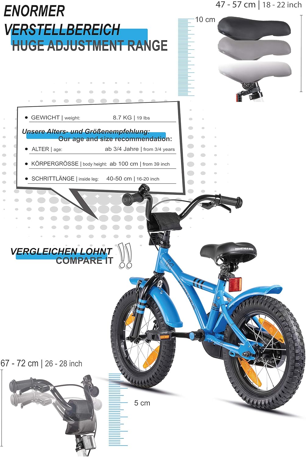 PROMETHEUS BICYCLES kinderfiets 14 inch fiets jongens meisjes van 4 jaar oude met zijwieltjes terugtraprem in blauw BMX