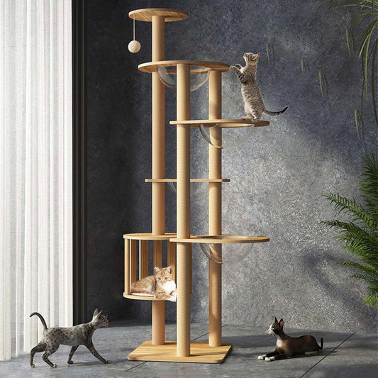Mdpetpops Kattenkrabpaal, 183 cm, groot, met 4 capsules, jute krabzuil, ladder, hol, kattenspeelgoed, kattenkrabpaal. (houtkleur YN-105)