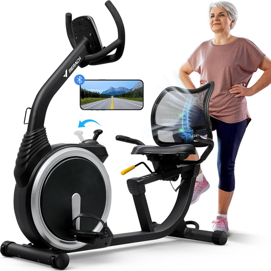 MERACH Bicicleta Reclinada, Bicicleta Estática Magnética con 8 Niveles Resistencia Ajustables, Bicicleta Estatica Ligera Tipo Comercial, App Exclusiva, Pantalla LCD, Sensores de Frecuencia Cardíaca