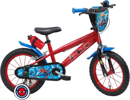 Kinderfiets voor jongens, 14 inch, Spiderman, uitgerust met 2 remmen, opblaasbare banden, decoratieve voorplaat en jerrycan achter