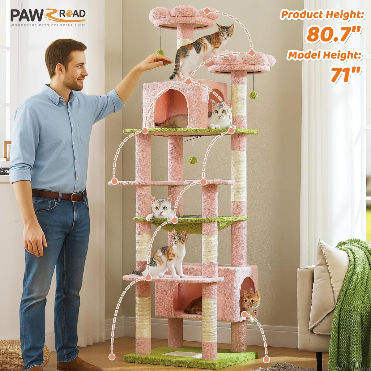 PAWZ Road Scratching Post for Large Cats, Stable, 205 cm High with Hammock, 7 Sisal Posts, Large Sitting Pole, Caves, Baskets for Indoor Cats, Pink - QUORE