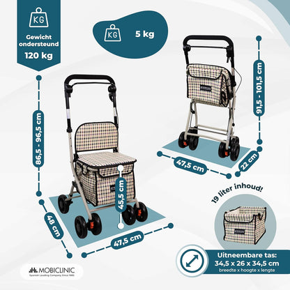 Mobiclinic®, Opvouwbare Rollator, Boodschappenkar met Zitting, Coliseum, Enkele Hendel, Staal, Grote Mand, Rugleuning en Vulling, Remsysteem, 360° Wielen (Schilderijen)