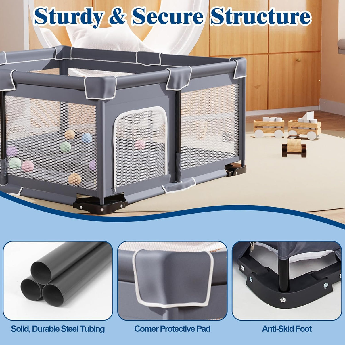 Foldable Playpen with Mat, Playpen for Babies and Toddlers with Door, Foldable Playground with Non-Slip Bottom, Portable Playground P, Dark Grey with Adhesive Tape - QUORE