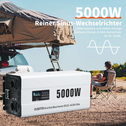 omvormer 5000W zuivere sinus DC 12V naar AC 230V met draadloze afstandsbediening LCD-scherm 2 AC-stopcontacten 1 AC-rijklem, spanningstransformator voor camper thuis off-grid zonne-energie