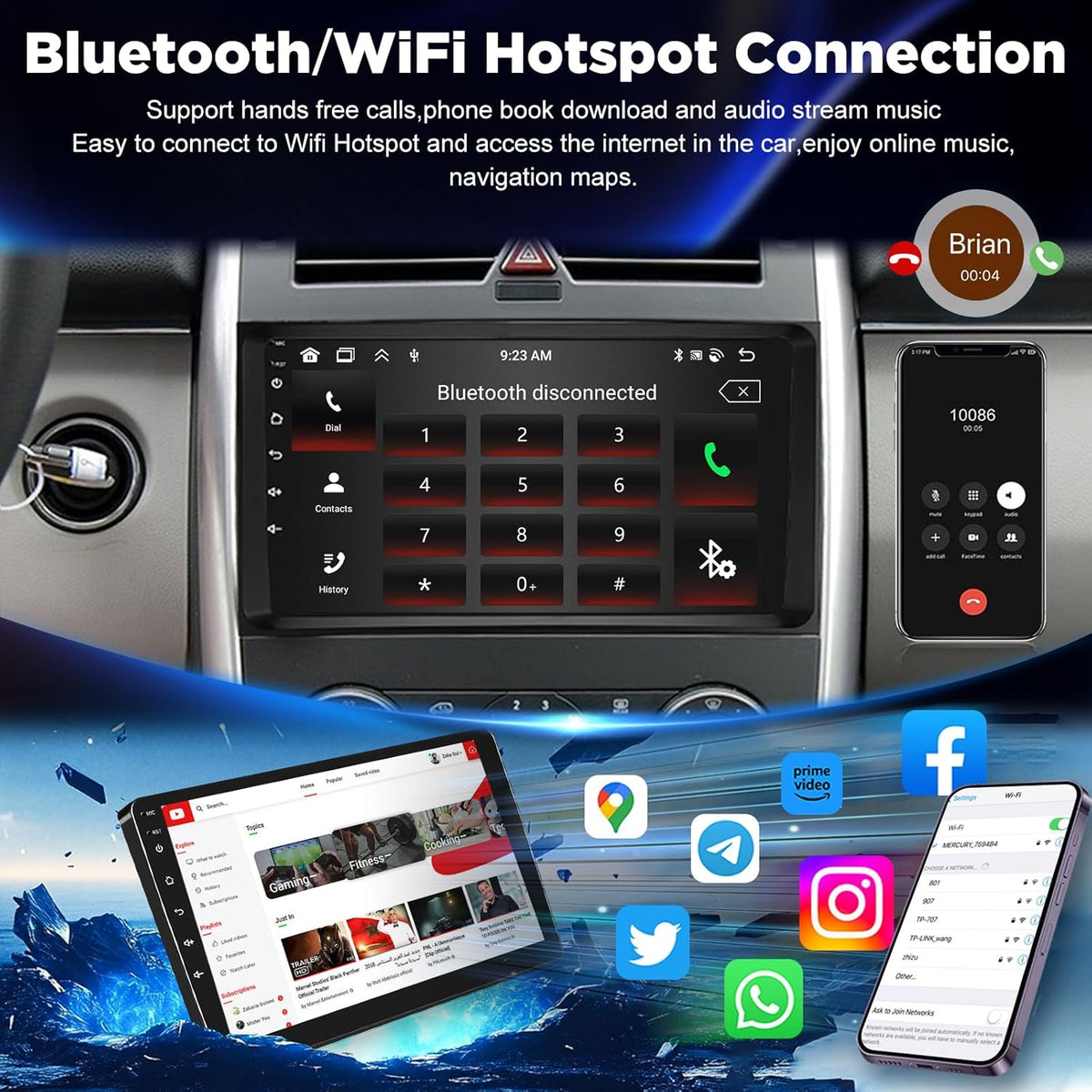 2G+64G Android Car Stereo for Mercedes Benz Sprinter W906 W169 W245 W639 Vito Viano, Wireless Carplay & Android Auto 9 Inch Touchscreen Radio with WiFi/GPS/Bluetooth/EQ/FM RDS Radio+Backup Camera
