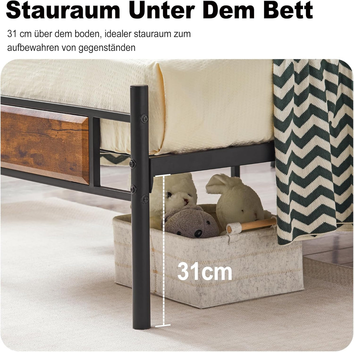 VECELO Bedframe 90 x 200 cm met houten hoofdeinde, houten metalen bed met lattenbodem, bedframe van metaal, eenpersoonsbed, jeugdbed, logeerbed, perfect voor slaapkamer, bruin
