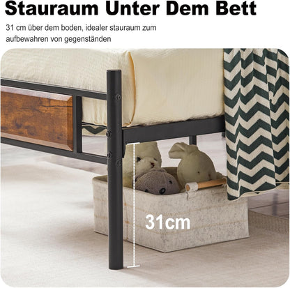 VECELO Bedframe 90 x 200 cm met houten hoofdeinde, houten metalen bed met lattenbodem, bedframe van metaal, eenpersoonsbed, jeugdbed, logeerbed, perfect voor slaapkamer, bruin