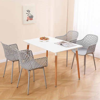 Eetkamerstoelen met armleuningen, uitgehold ruitpatroon, tuinstoelen, set van 4, grijs