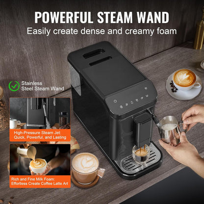 VEVOR Automatische espressomachine, espressomachine 20 bar met melkopschuimer stoommondstuk, geïntegreerde molen en 15 maalinstellingen, met 1,5 l waterreservoir voor cappuccino, latte