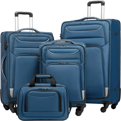 COOLIFE Trolley Reiskoffer Met 4 Wielen, Stoffen Handbagage, TSA-Slot, Grote Schoudertas - Blauw + Zilver, Softbox Van Oxford-Stof, 4-Delig Set
