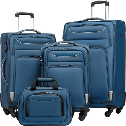 COOLIFE Trolley Reiskoffer Met 4 Wielen, Stoffen Handbagage, TSA-Slot, Grote Schoudertas - Blauw + Zilver, Softbox Van Oxford-Stof, 4-Delig Set