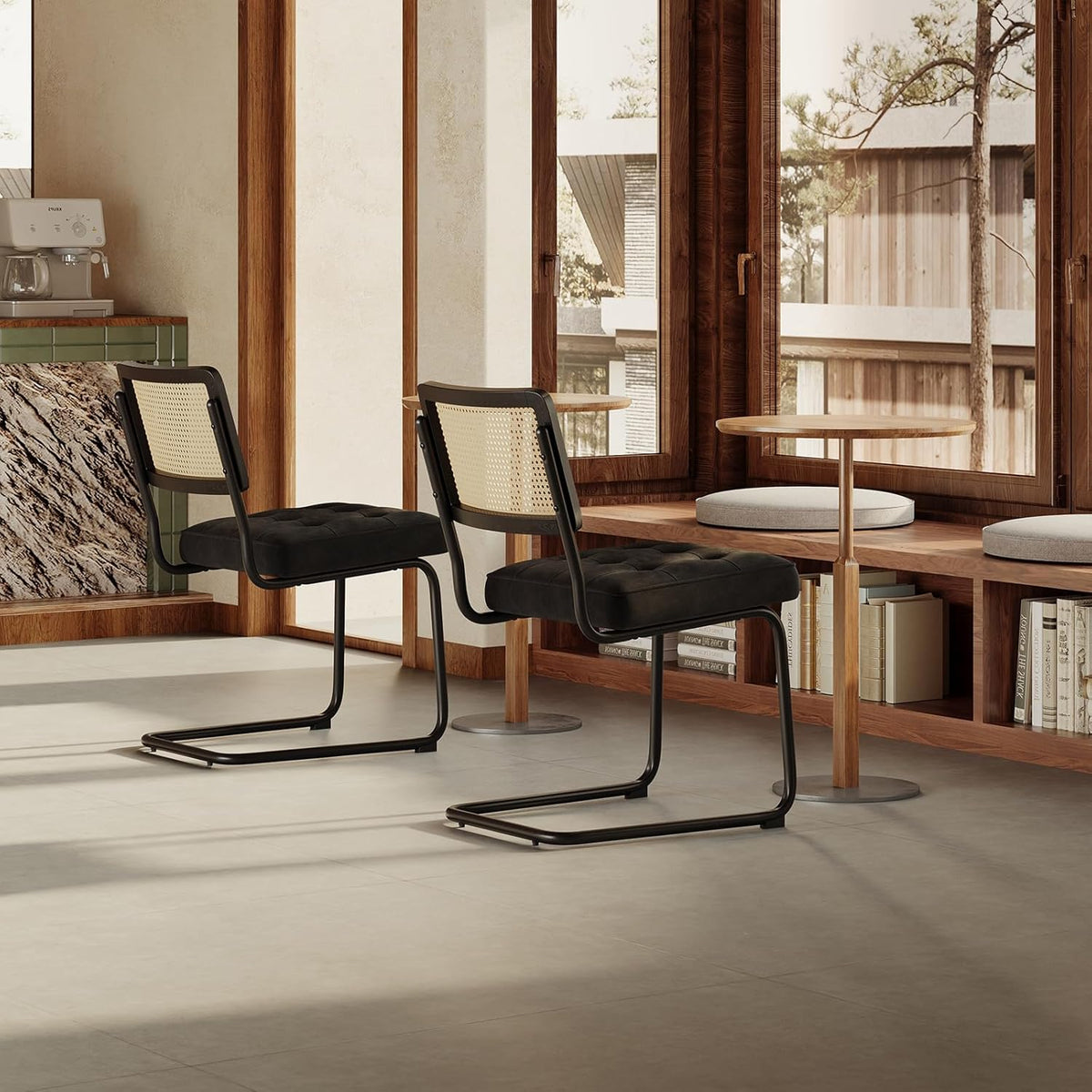 COLAMY Rotan eettafelstoelen, set van 2, fluwelen bekleding met metalen frame, zwart