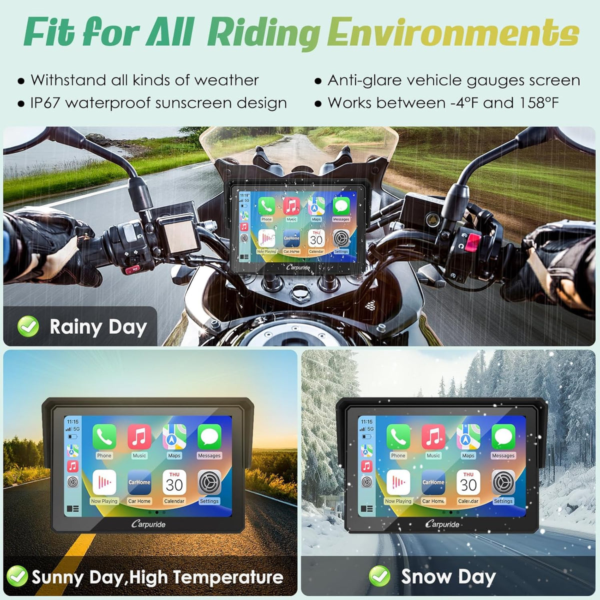 Carpuride W502 Motorfiets GPS Draadloos Draagbaar Apple Carplay & Android Auto, 5 inch IPS Waterdicht Touchscreen met Dubbele Bluetooth, TF Kaart, Navigatie/Siri/Google Assistant voor Motorfietsen