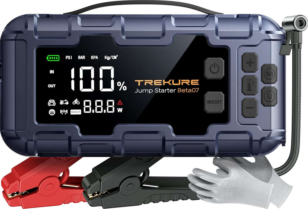 TREKURE 10-in-1 booster autostarthulp 7000 A en PD 45 W snel opladen, noodstarthulp voor auto met compressor 160 psi, handschoenen en lichten, accustarthulp voor alle gassen of 12 l diesel