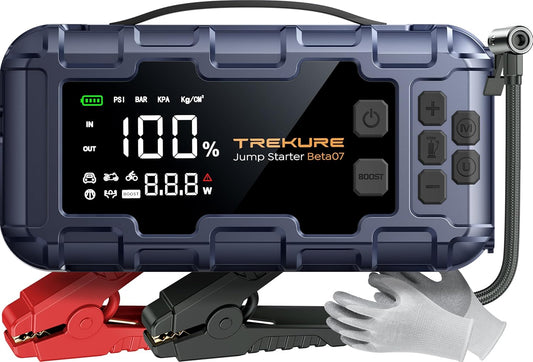 TREKURE 10-in-1 booster autostarthulp 7000 A en PD 45 W snel opladen, noodstarthulp voor auto met compressor 160 psi, handschoenen en lichten, accustarthulp voor alle gassen of 12 l diesel