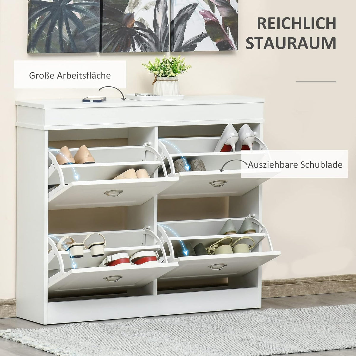 HOMCOM Shoe Cabinet with 4 Drawers Storage Modern Simple Design Cabinet Chipboard MDF White 98 x 24 x 83 cm - QUORE