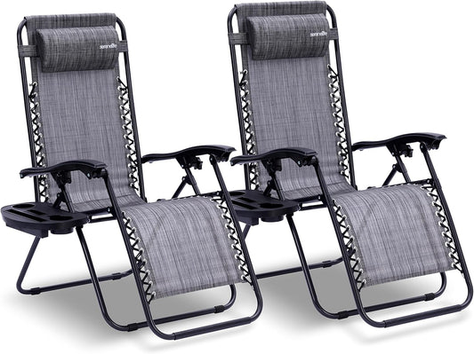 Serenelife Ligstoel, Set van 2 Ligstoelen - Verstelbare Tuinligstoelen met Zijtafel, Bekerhouders, Afneembare Kussens - Opvouwbare en Draagbare Loungestoelen voor Terras, Tuin, Strand - Grijs