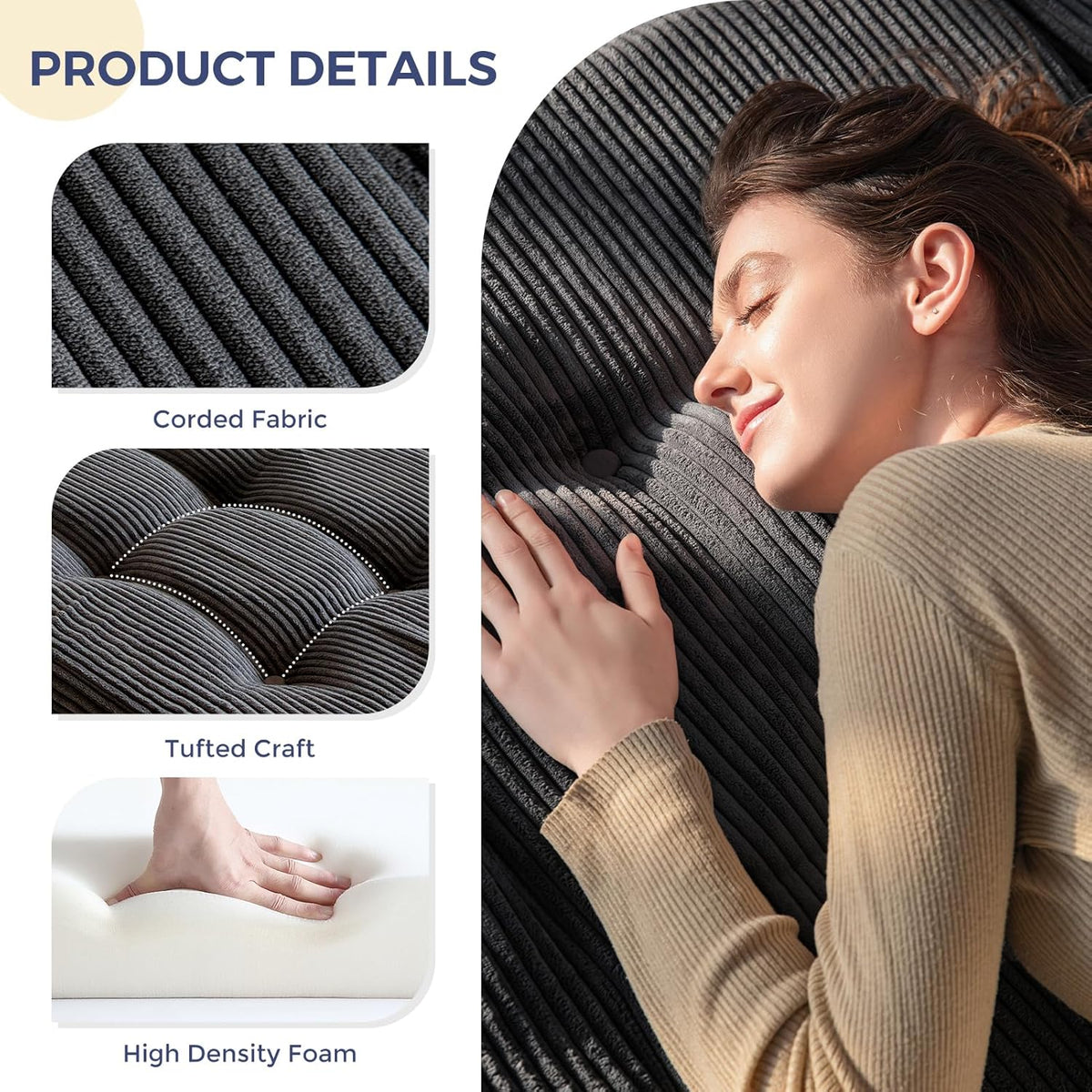 MAXYOYO Opvouwbaar matras, eenpersoons, comfortabel opvouwbaar corduroy matras met 15 cm dik schuim, drievoudig opvouwbare futon slaapbank voor gasten, 90x190cm