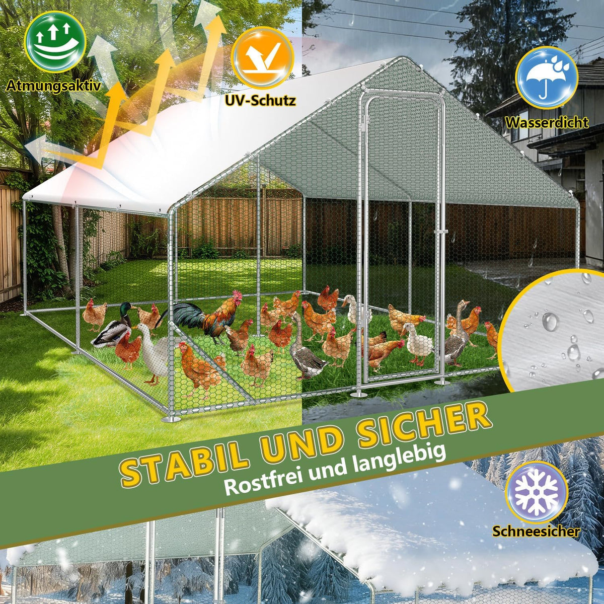 Chicken Coop Outdoor Run 3 x 4 x 2 m, Galvanised Steel Chicken Coop with Door and Lock for Chickens, Rabbits, Geese, Pigeons and Quails, Metal Run with Net - QUORE