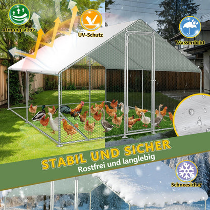 Chicken Coop Outdoor Run 3 x 4 x 2 m, Galvanised Steel Chicken Coop with Door and Lock for Chickens, Rabbits, Geese, Pigeons and Quails, Metal Run with Net - QUORE