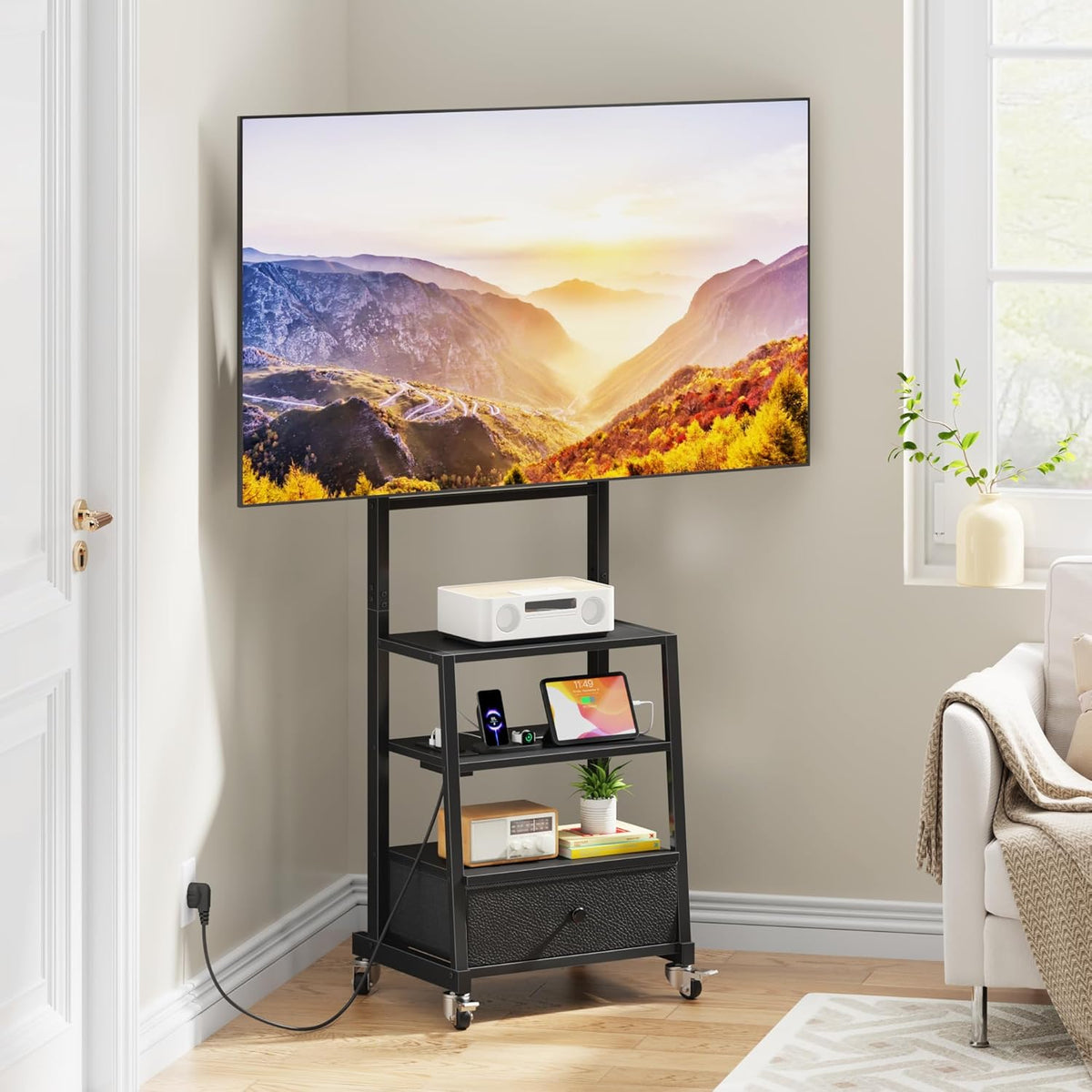 Verrijdbare TV Standaard Met Beugel En Stopcontact – TV Meubel – TV Trolley – TV Statief – TV Kar – In Hoogte Verstelbaar – Geschikt Voor 32–75 Inch TV's