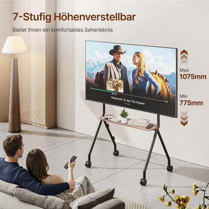 Tv-standaard oprolbaar voor 49-80 inch televisie, 50 kg draagkracht, portret- en landschapsformaat, stabiele mobiele tv-wagen met plank, max. VESA 600x400mm (zwart)