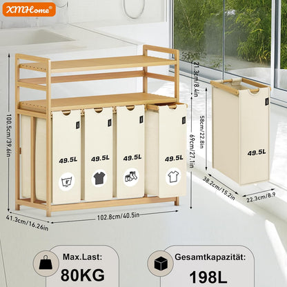 198 liter wasverzamelaar, 4 vakken, wasmand met dubbele plank, bamboe wasbox met uitneembare waszakken, ruimtebesparend voor badkamer, slaapkamer, waskeuken, beige