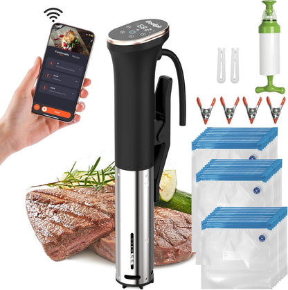 Sous Vide Garer Stick, 1400 W, sous-vide 35 cm met roestvrijstalen behuizing, wifi en touch-bediening met led, vacuümzak met pomp, kookboek