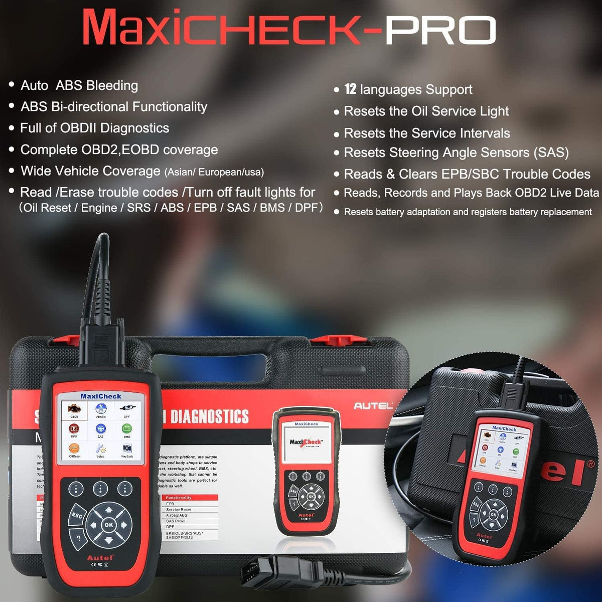 Autel MaxiCheck Pro Autoontluchtingsscantool voor het ontluchten van ABS-remmen, OBD2 ABS SRS diagnosescanner, oliereset, BMS, EPB, airbag, SAS-diensten voor bepaalde voertuigen