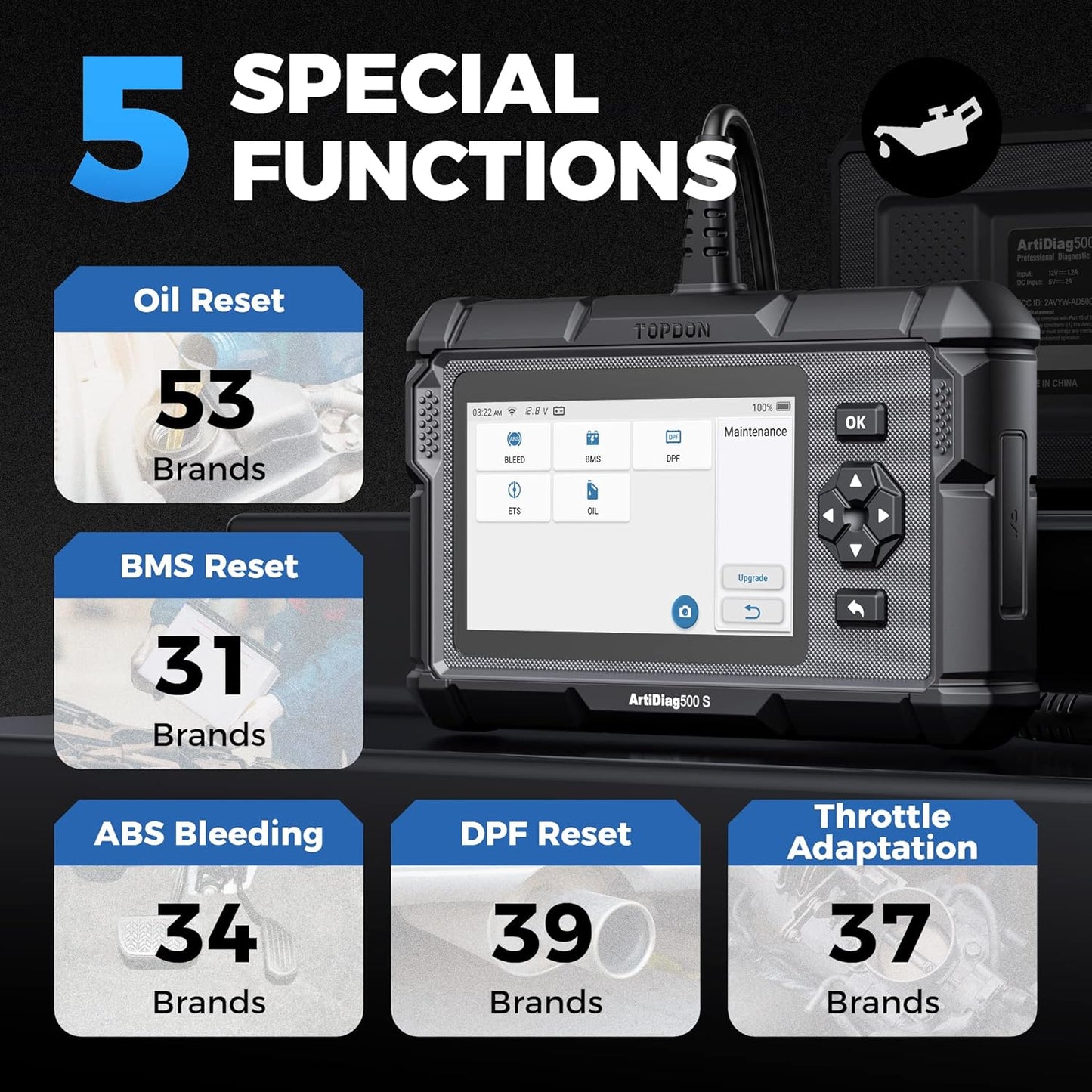 TOPDON OBD2 Code Reader Scanner ArtiDiag500S, Motor/ABS/SRS/Transmissie Auto Diagnostic Tool, 5 Reset Services voor Olie/BMS/Bloeding/DPF/Gasklepaanpassing, Gratis levenslange upgrade, AutoVin