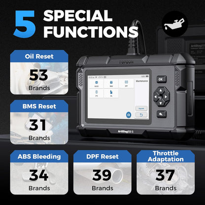 TOPDON OBD2 Code Reader Scanner ArtiDiag500S, Motor/ABS/SRS/Transmissie Auto Diagnostic Tool, 5 Reset Services voor Olie/BMS/Bloeding/DPF/Gasklepaanpassing, Gratis levenslange upgrade, AutoVin