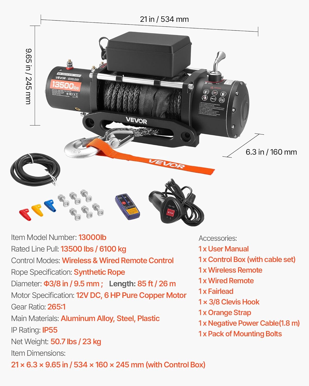 VEVOR Electric Winch Load 6100 kg for 12V DC Truck with Steel Cable Diameter 9.5 mm x 26 m, Wireless and Wired Remote Control, IP55 Waterproof for Towing SUVs, Jeeps