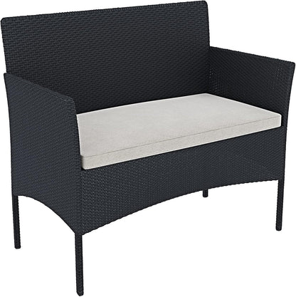 Arreditaly Tuinmeubelset, woonkamer, rotan, 4-zits met tafel en glazen rek, 2 stoelen en 2-zits, voor tuin, buitenzwembad, afneembare kussens (zwart)