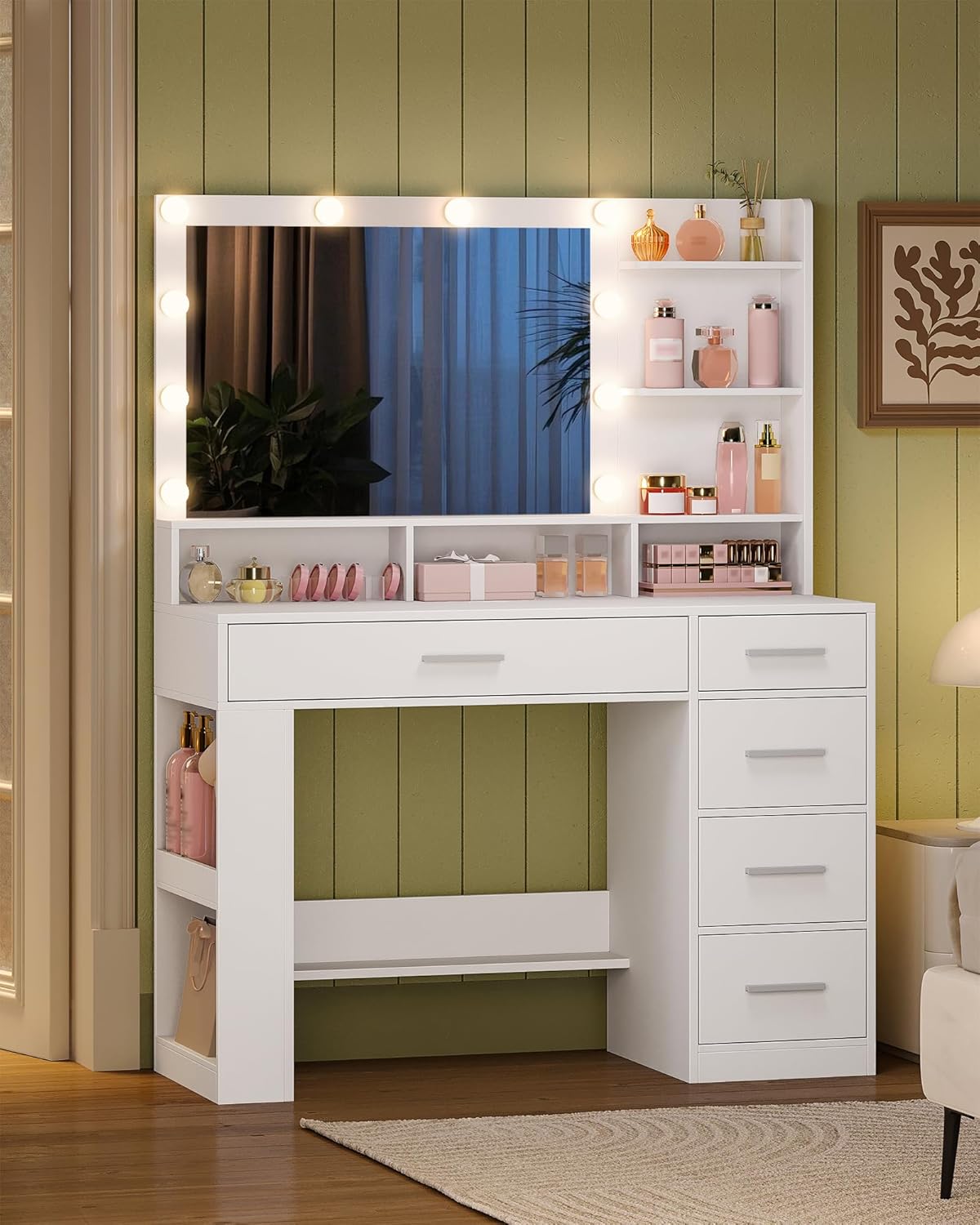 Hzuaneri Dressing Table with Large HD Mirror, Dressing Table with LED Light, 6 Open Compartments, 5 Drawers and Side Open Storage Space, Bedroom Dressing Room, Simple, White DT42603XEU