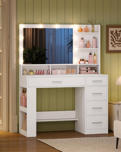 Hzuaneri Dressing Table with Large HD Mirror, Dressing Table with LED Light, 6 Open Compartments, 5 Drawers and Side Open Storage Space, Bedroom Dressing Room, Simple, White DT42603XEU