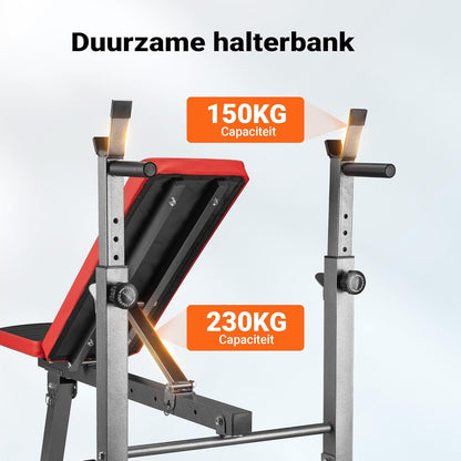 LUXTRI inklapbare halterbank tot 230 kg trainingsbank met halterhouder 2-in-1 ligbank fitnessbank
