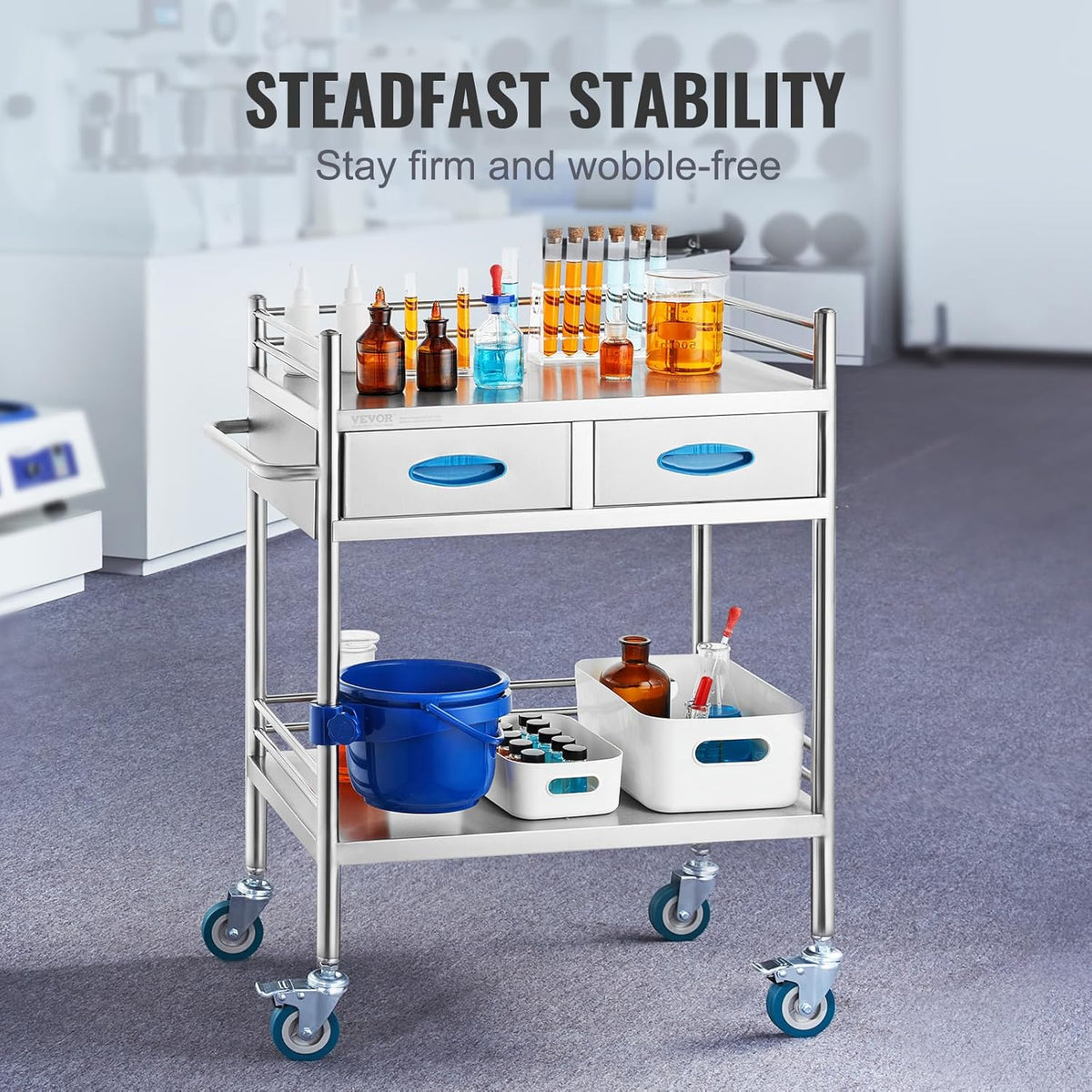 VEVOR Medische trolley met 2 lagen en 2 laden, 59,9 x 42,9 x 85,1 cm, laboratoriumwagen van roestvrij staal, metalen wagen met 4 omnidirectionele wielen voor klinieken, spa en hotels