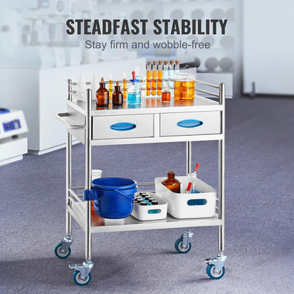 VEVOR Medische trolley met 2 lagen en 2 laden, 59,9 x 42,9 x 85,1 cm, laboratoriumwagen van roestvrij staal, metalen wagen met 4 omnidirectionele wielen voor klinieken, spa en hotels