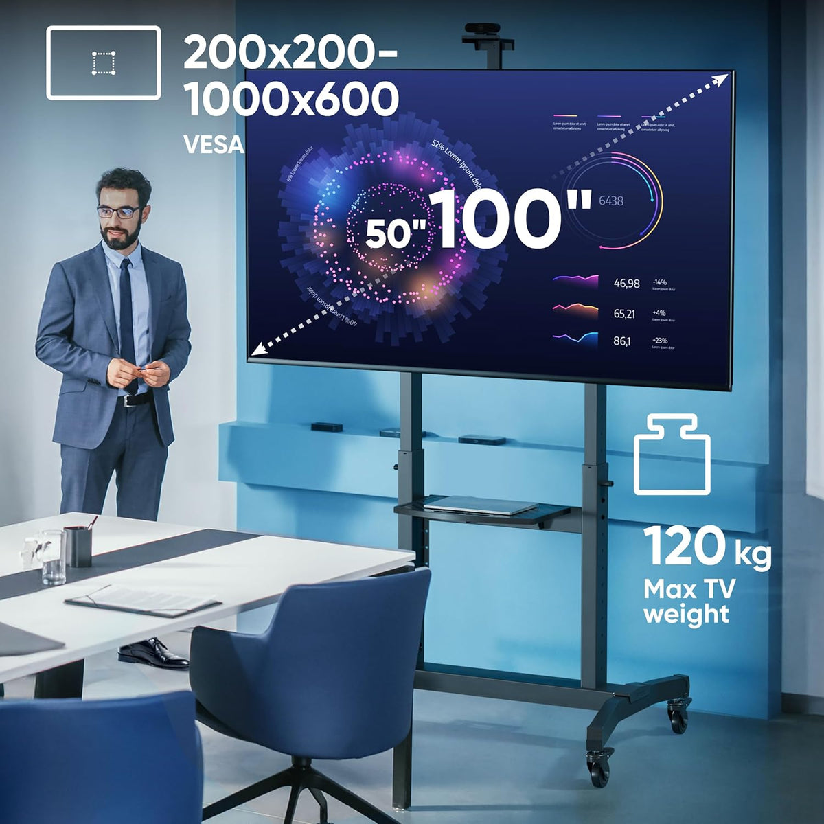 Verrijdbare TV Standaard Zwart – TV Standaard Op Wielen – Televisie Standaard – TV Vloerstandaard – Mobiele TV Standaard – Geschikt Voor 50-100 Inch En 120 Kg – In Hoogte Verstelbaar En Kantelbaar 5°