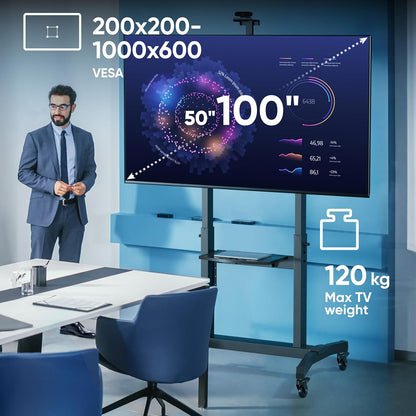 Verrijdbare TV Standaard Zwart – TV Standaard Op Wielen – Televisie Standaard – TV Vloerstandaard – Mobiele TV Standaard – Geschikt Voor 50-100 Inch En 120 Kg – In Hoogte Verstelbaar En Kantelbaar 5°