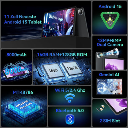 Tablet Android 15 11 Inch, 16GB RAM+128GB ROM (1TB uitbreidbaar), Octa-Core, Accu 8000mAh, 4G LTE+5G WiFi, Dual SIM, 13MP+8MP, GPS, Tablet met Toetsenbord,Muis,Stylus, Grijs