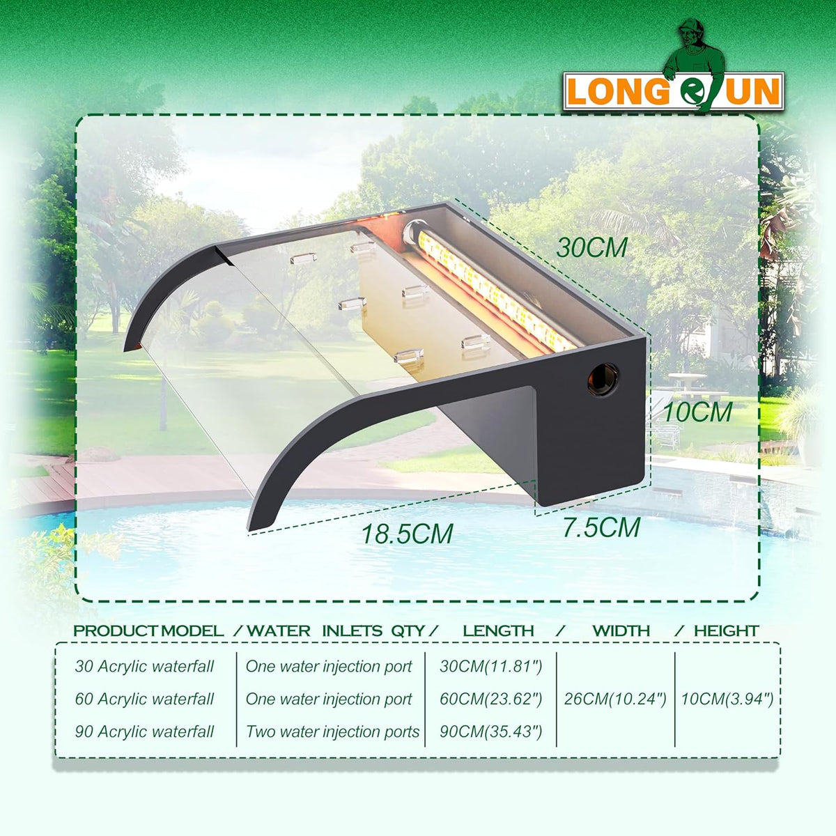 LONGRUN 30cm Vijver Waterval Blade Kit, Acryl Gebogen Waterval Functie Spillway, Outdoor Zwembad Fontein met 7 Kleuren Bluetooth LED Verlichting en Afstandsbediening, Breedte 26cm