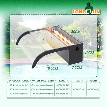 LONGRUN 30cm Vijver Waterval Blade Kit, Acryl Gebogen Waterval Functie Spillway, Outdoor Zwembad Fontein met 7 Kleuren Bluetooth LED Verlichting en Afstandsbediening, Breedte 26cm