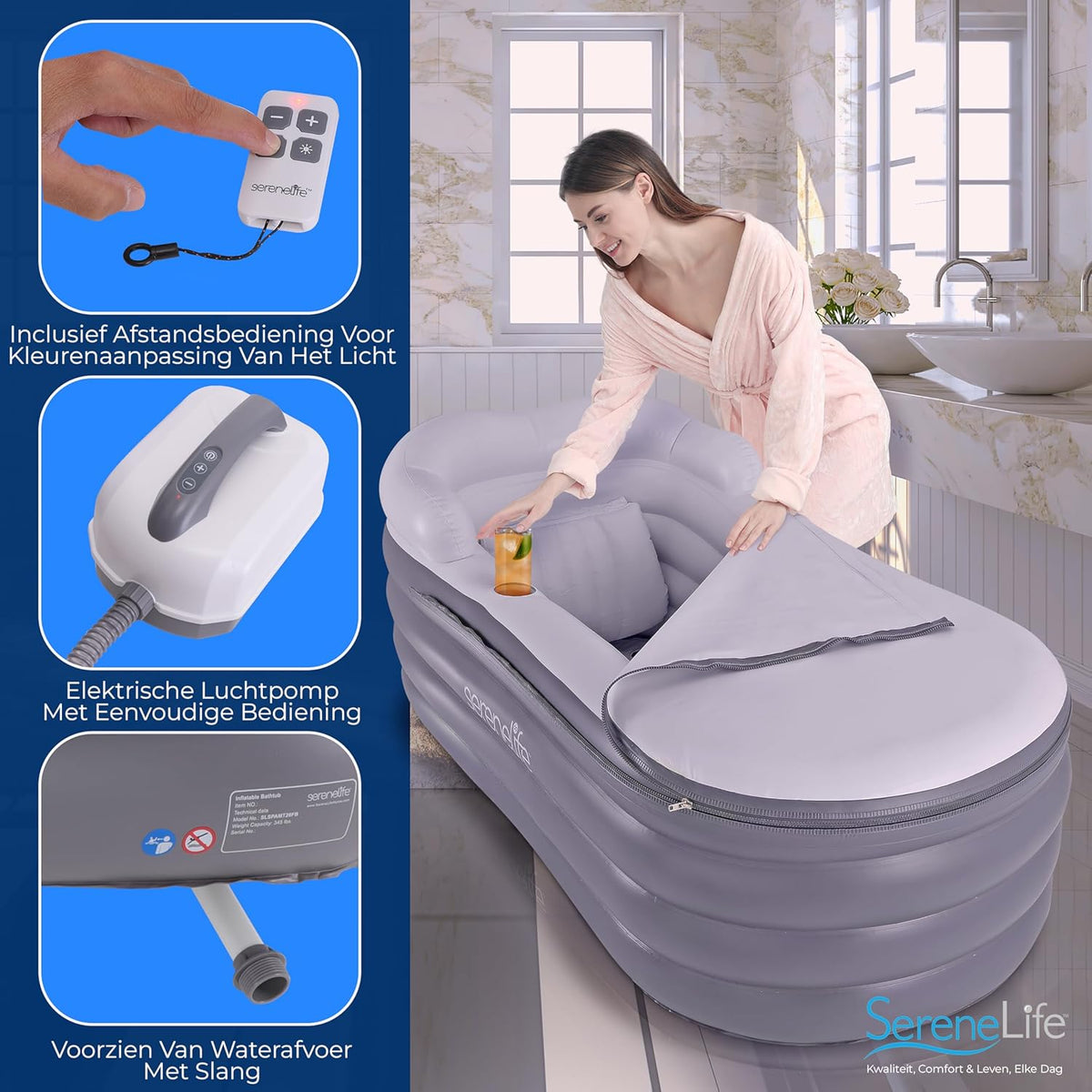 Opblaasbaar Ligbad – Opblaasbare Badkuip, Draagbare Badkuip, Opvouwbare Badkuip, Opblaasbaar Bad – Bubble Massage Mat, Kleurveranderende LED-Verlichting – 168 X 76 X 66 Cm, Tot 86 Kg