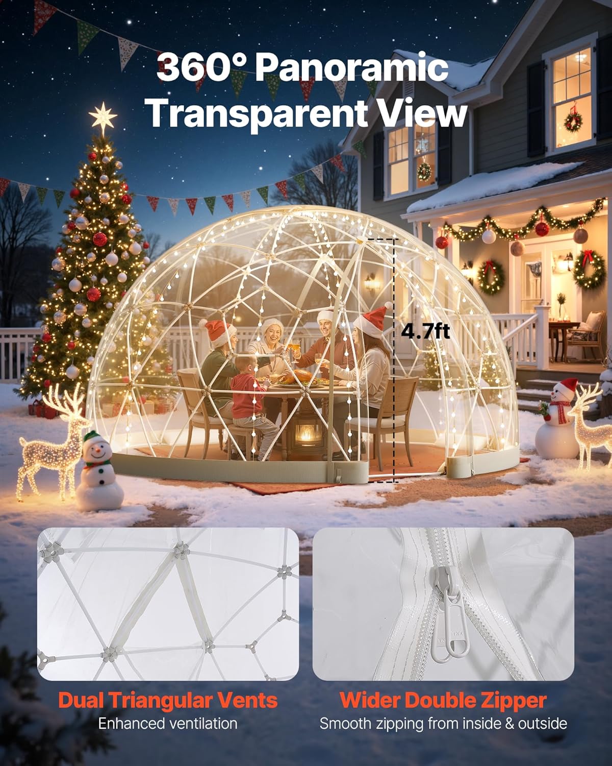 VEVOR Tuinkoepeltent, 2,9 x 1,7 m outdoor doorzichtige bubbeltent voor 2-4 personen, weerbestendige geodetische koepelkas met raam, PVC iglotenten voor achtertuin, patio, camping, feest, bruiloft