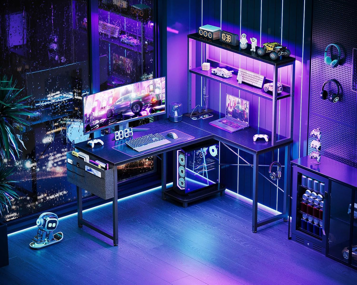 Coleshome L-speeltafel met led en stopcontacten, 110 x 80 cm, omkeerbaar, met opbergplanken, hoekbureau met opbergtas, voor thuiskantoor en games, zwart