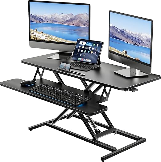 Bureauverhoger – Desk Riser – Zit Sta Verhoger – Verstelbaar Bureau – Werkblad 101x40 cm – Gasveer Mechanisme – Mat Zwart Stalen Frame